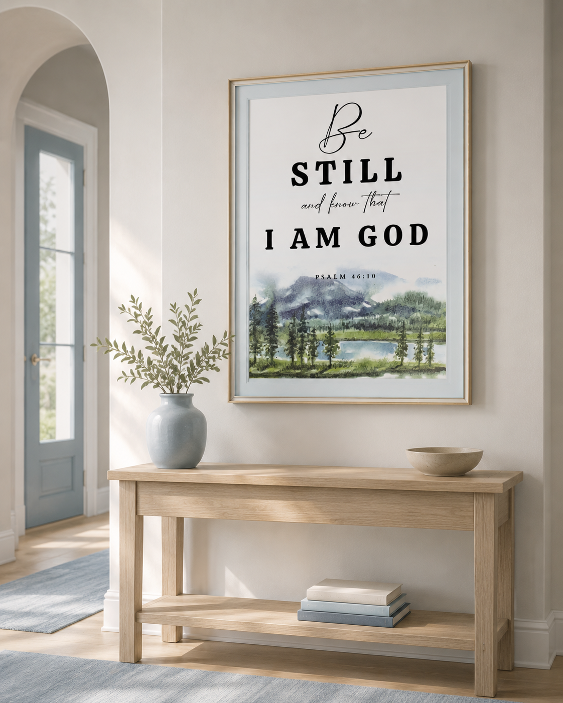 Large framed "Be Still and Know That I Am God" Psalm 46:10 print with watercolor mountain scenery, hung above a light wood entryway console table with a blue ceramic vase and arched doorway.