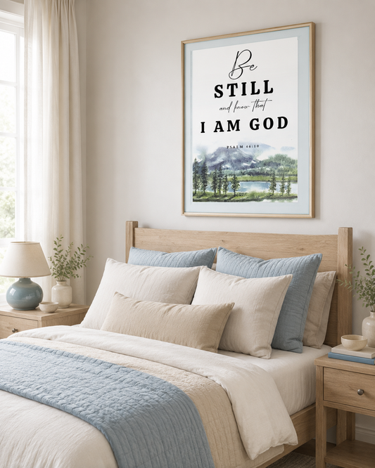 Close-up of a wood-framed scripture art print reading "Be Still and Know That I Am God — Psalm 46:10" with watercolor pine trees, mountains, and a lake at the bottom.