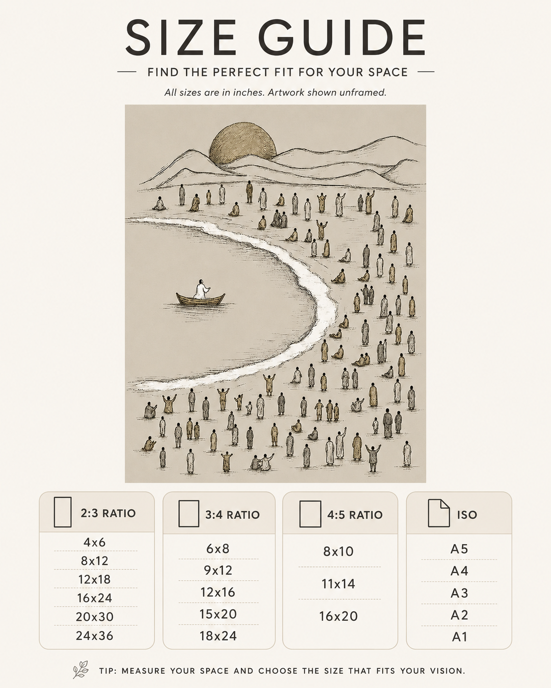 Print size guide chart showing available dimensions for the Sea of Galilee sketch