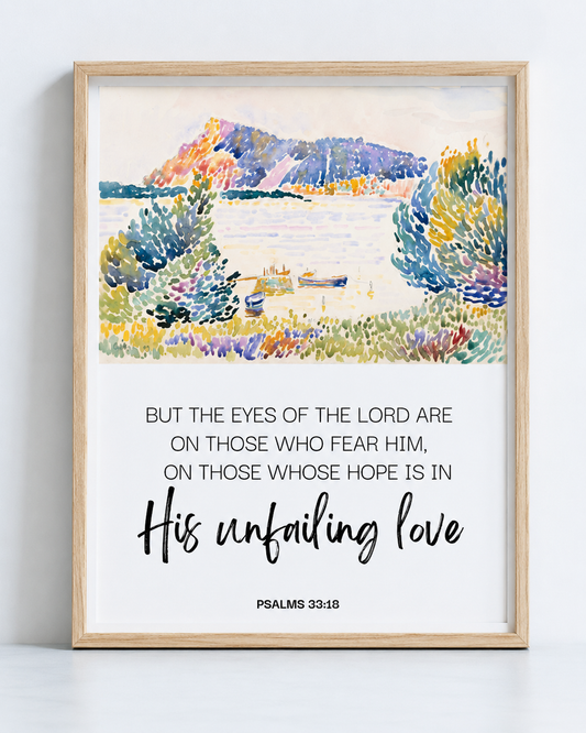 Close-up of Psalm 33:18 printable Scripture art in a thin gold frame