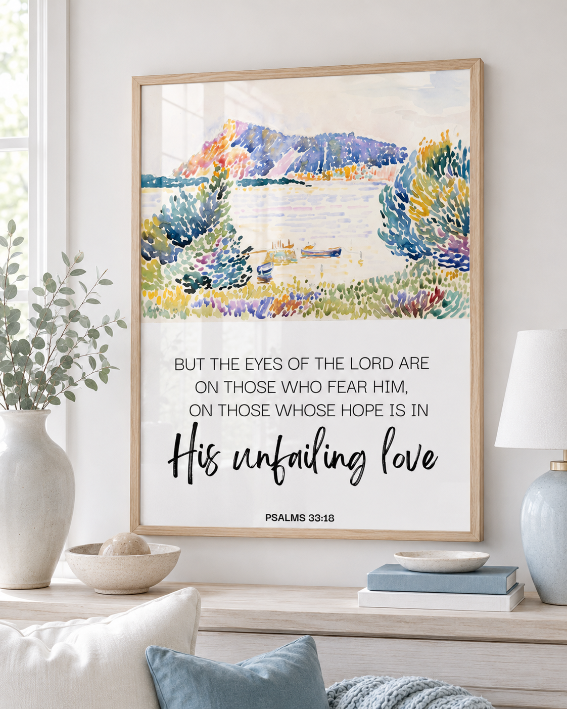 Framed Psalm 33:18 Christian artwork styled in a calm interior