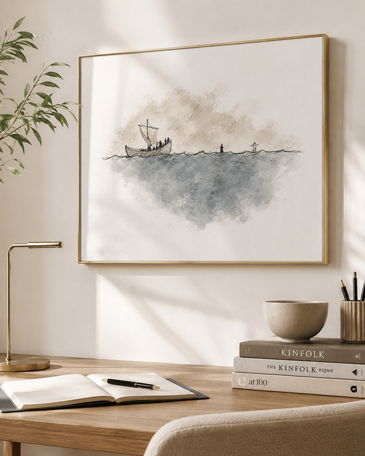Jesus and Peter walk on water print framed on an entryway console table