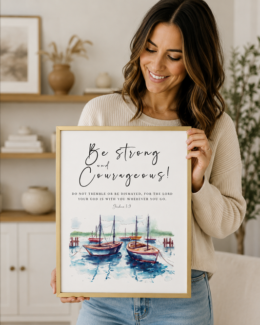Woman holding a framed Joshua 1:9 "Be Strong and Courageous" print with watercolor boats
