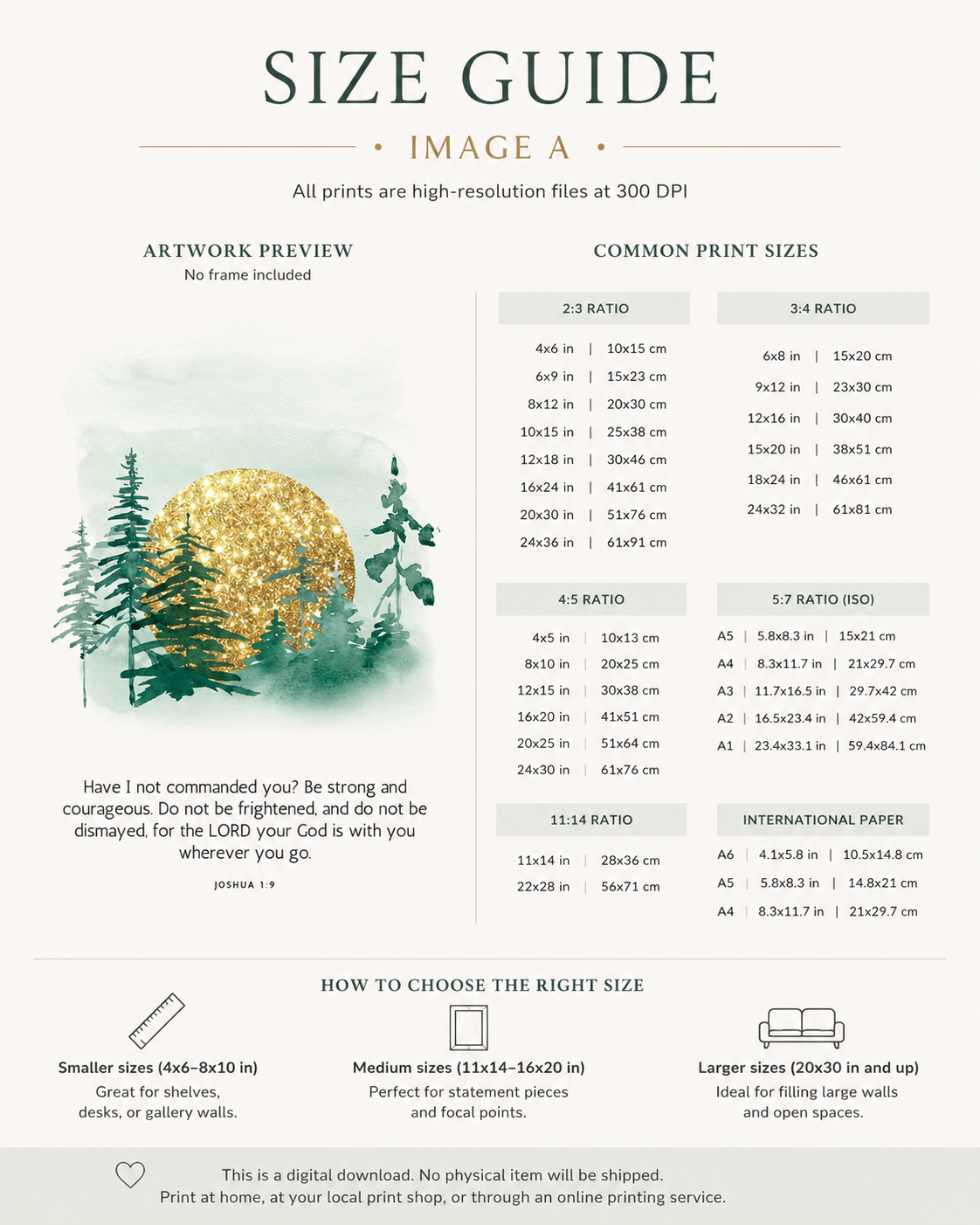Size guide chart showing available print sizes for the Joshua 1:9 wall art download