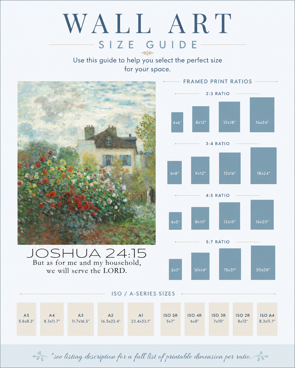 Size guide chart showing available print sizes for the Joshua 24:15 wall art download