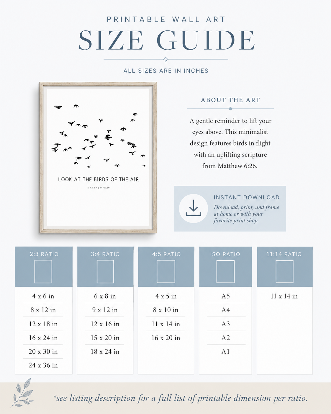 Size guide chart showing available print sizes for the Matthew 6:26 wall art download