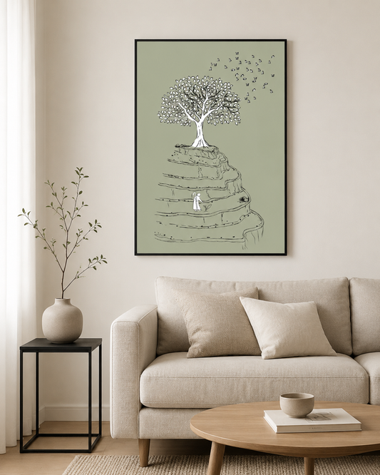 Mustard seed bible sketch framed on a bedroom nightstand