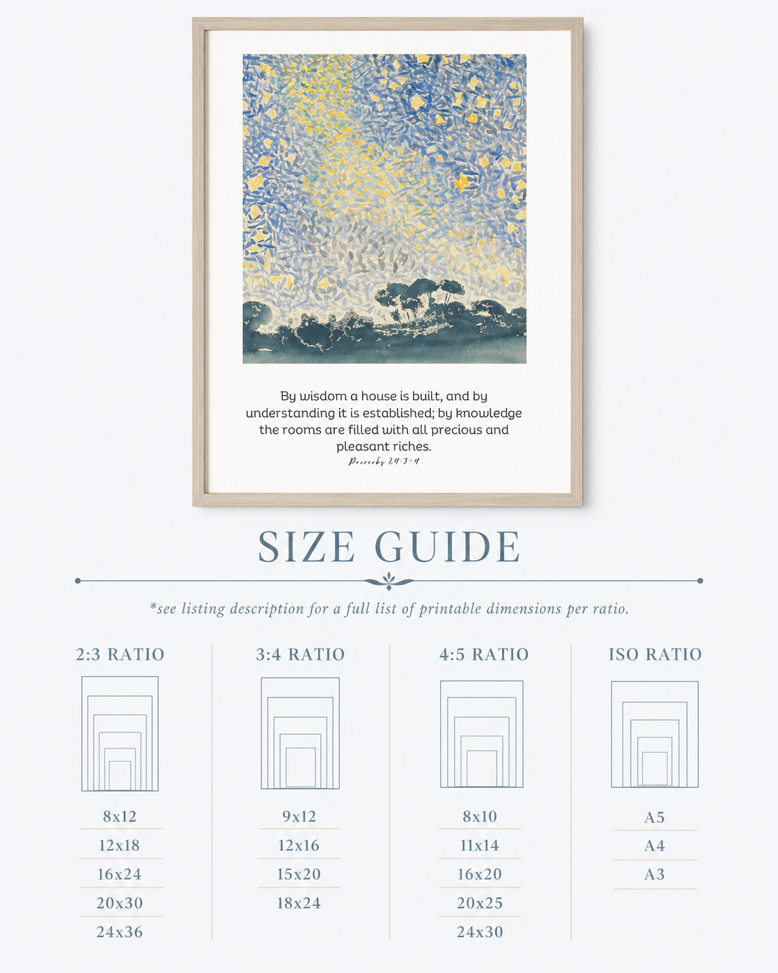 Size guide chart showing available print sizes for the Proverbs 24:3-4 wall art download