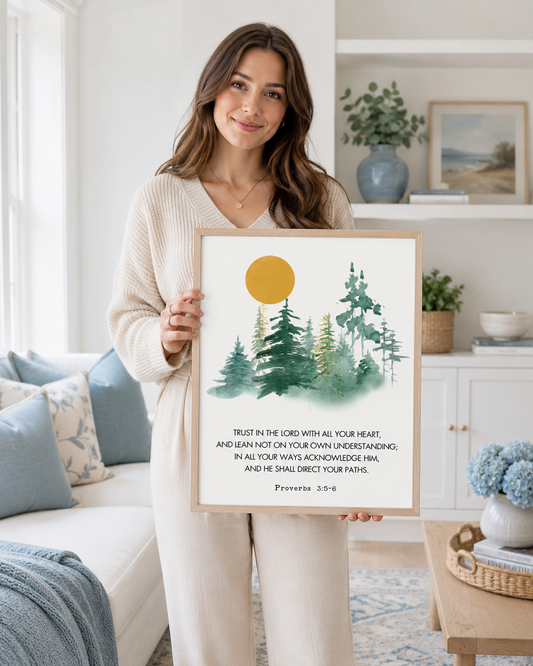 Woman holding a framed Proverbs 3:5-6 Bible verse print at home