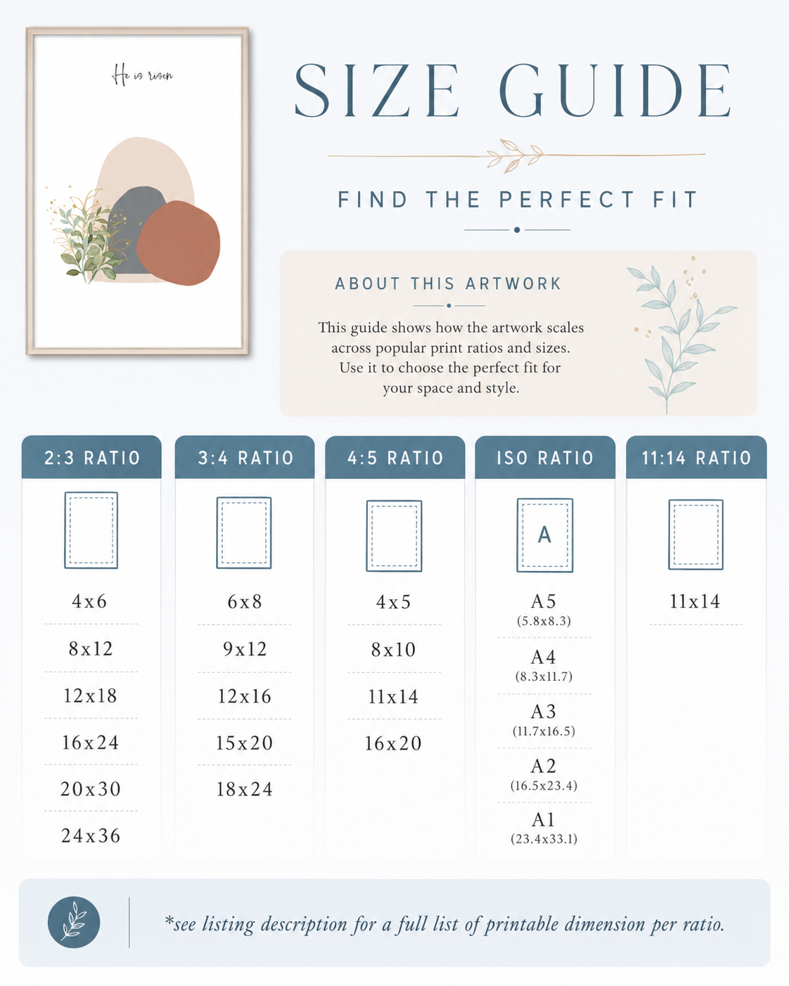 Size guide chart showing available print dimensions for Easter wall art
