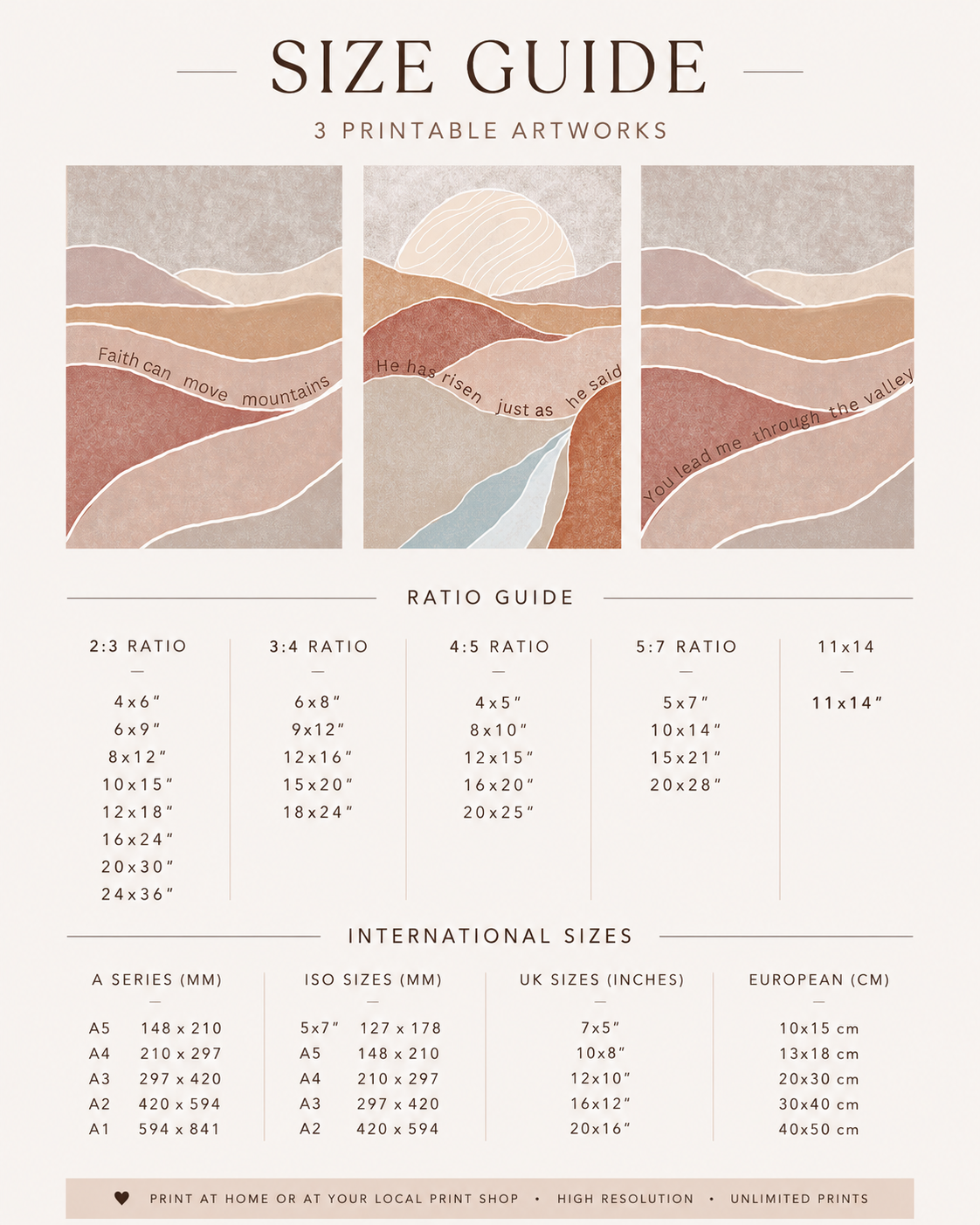Size guide chart showing available print dimensions for the Faith Can Move Mountains set