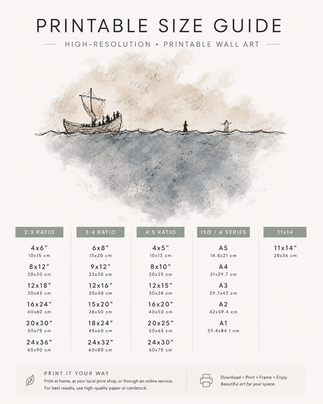 Size guide chart showing available print dimensions for the walk on water sketch