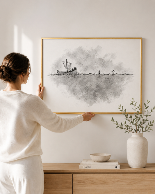 Woman hanging a framed black and white walk on water sketch on the wall
