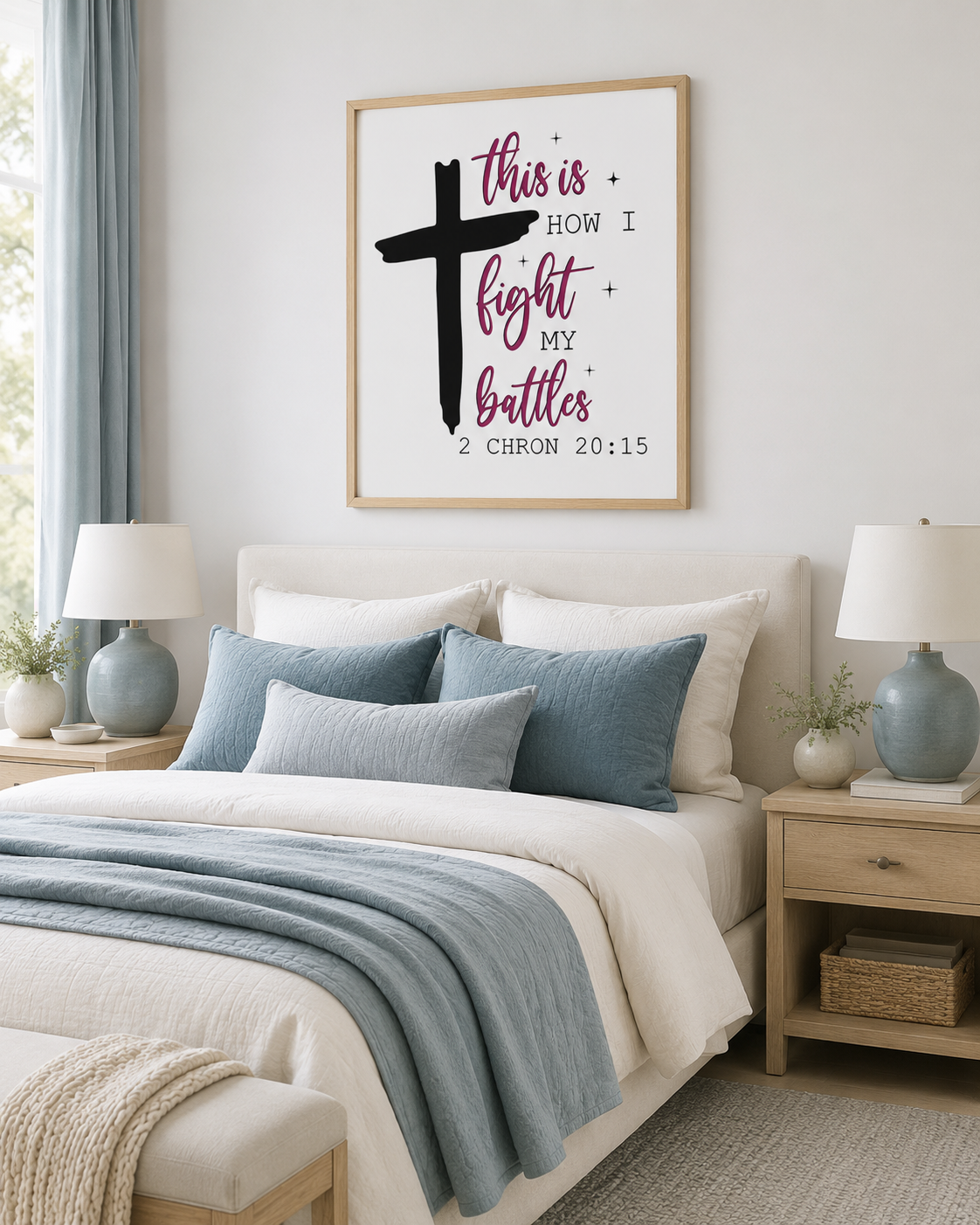 2 Chronicles 20:15 scripture print displayed above a bed