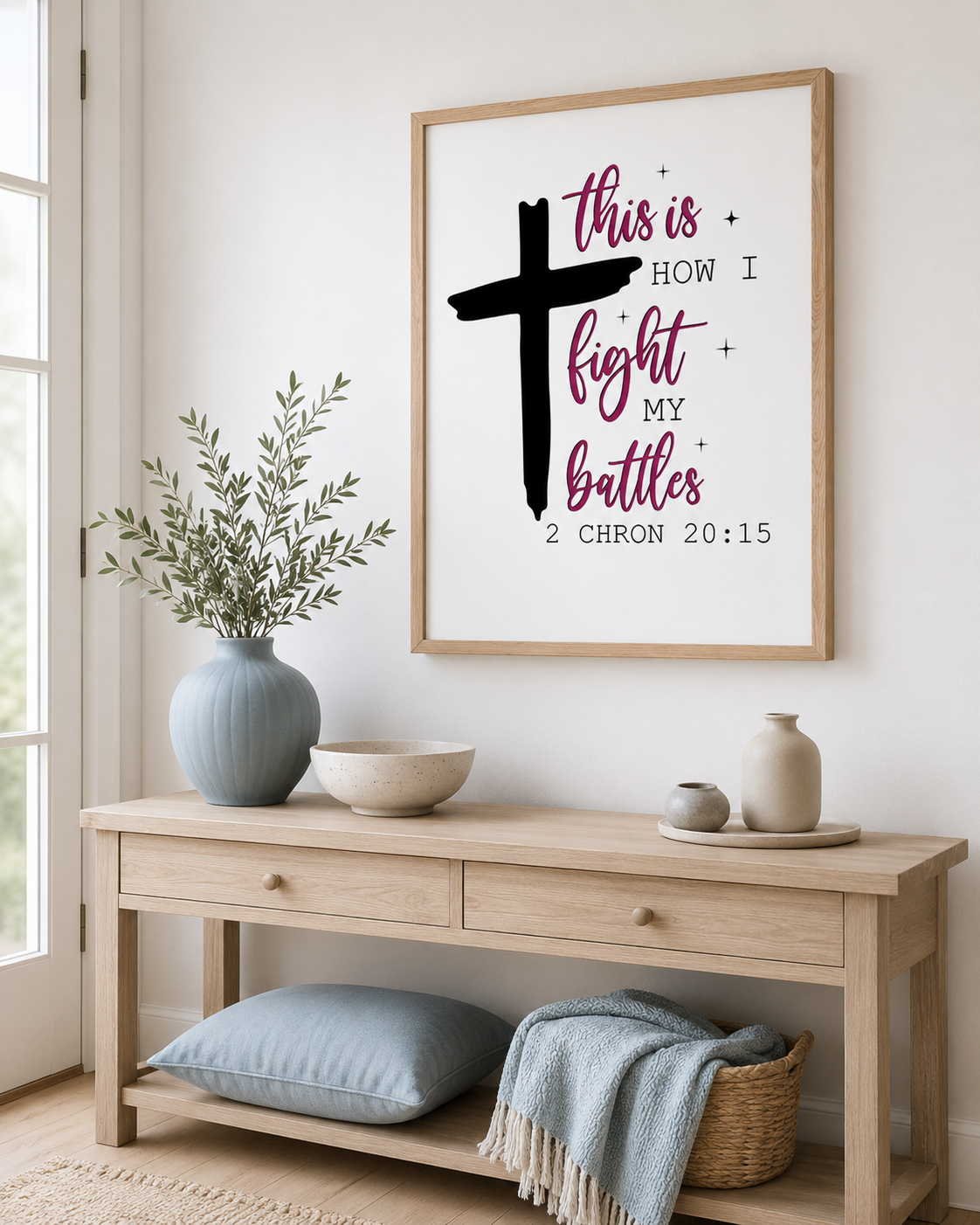 Framed 2 Chronicles 20:15 wall art print on a console table