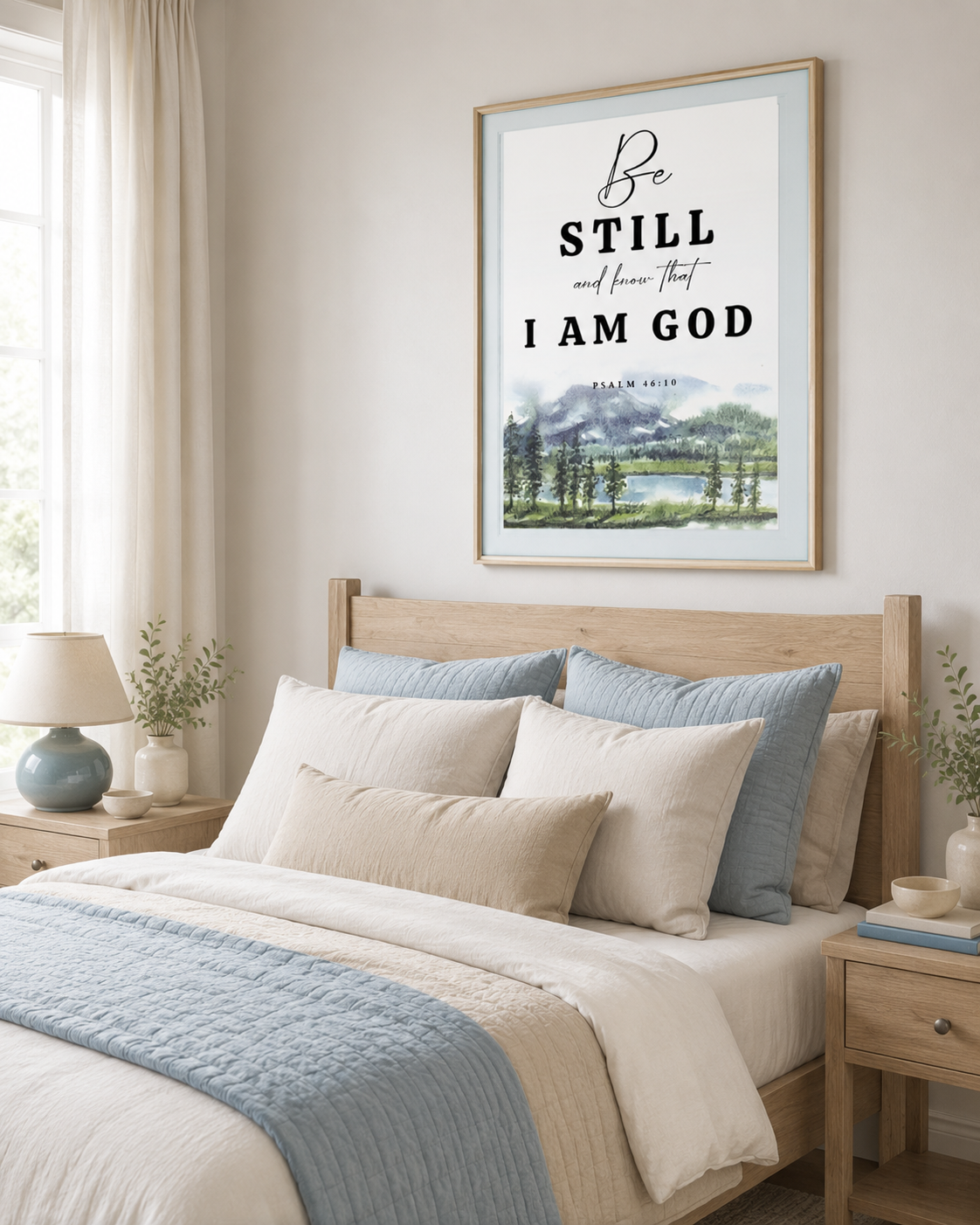 Close-up of a wood-framed scripture art print reading "Be Still and Know That I Am God — Psalm 46:10" with watercolor pine trees, mountains, and a lake at the bottom.
