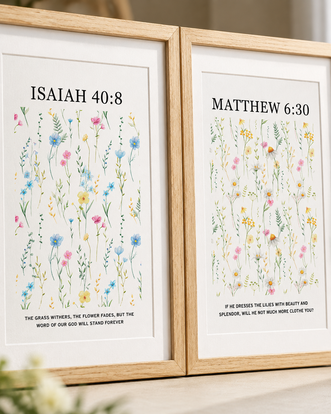 Framed Christian Scripture wall art in a calm neutral home