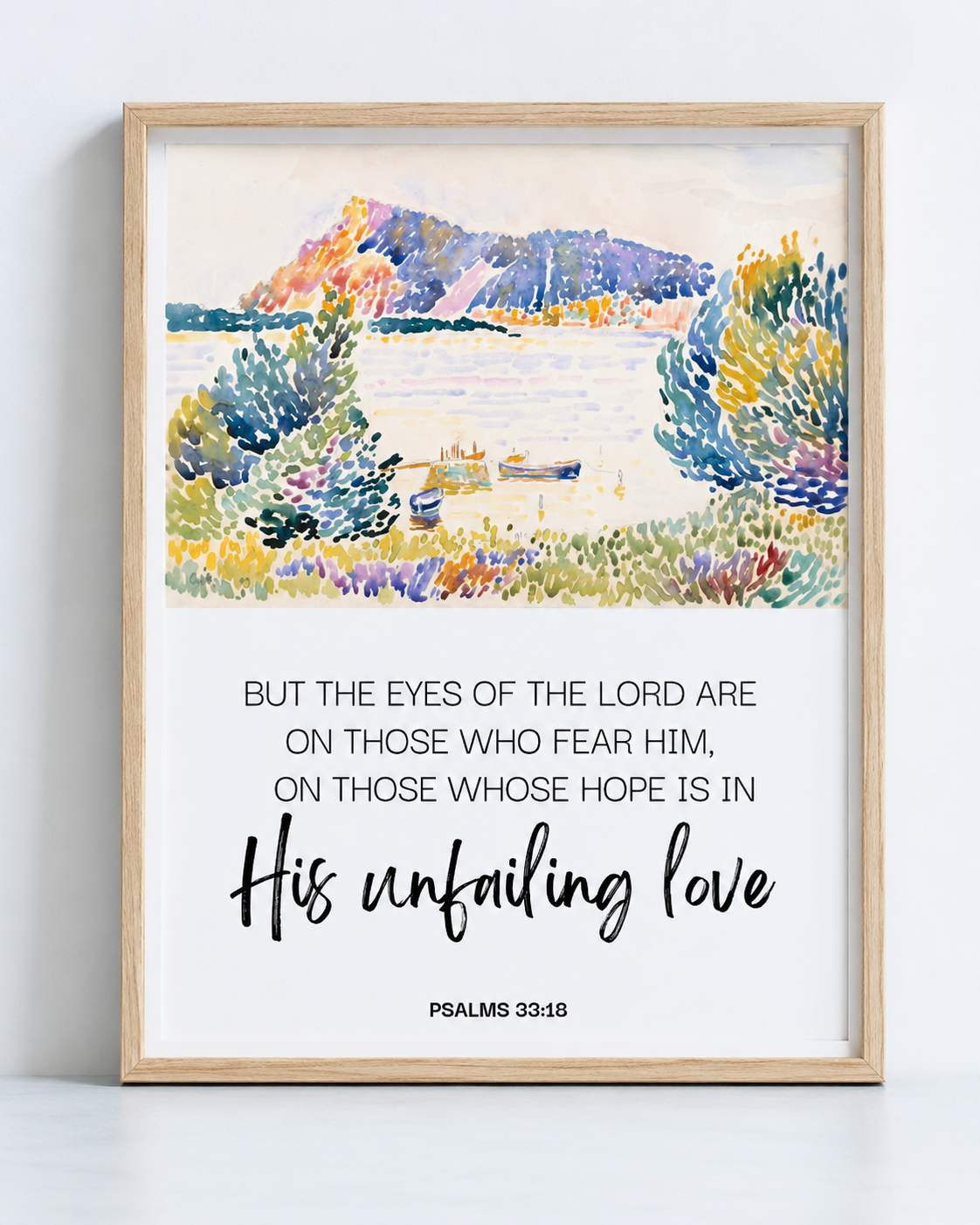 Close-up of Psalm 33:18 printable Scripture art in a thin gold frame