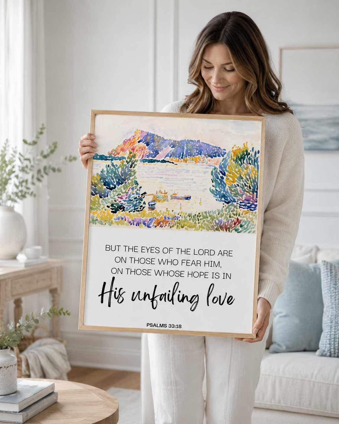 Woman holding a framed Psalm 33:18 Bible verse print in a softly styled bedroom