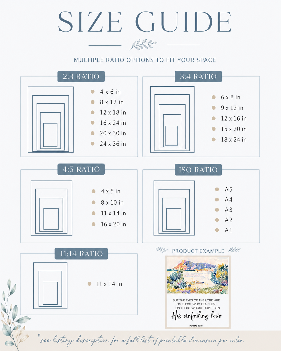 Size guide showing print ratios and frame-size options for Psalm 33:18 wall art
