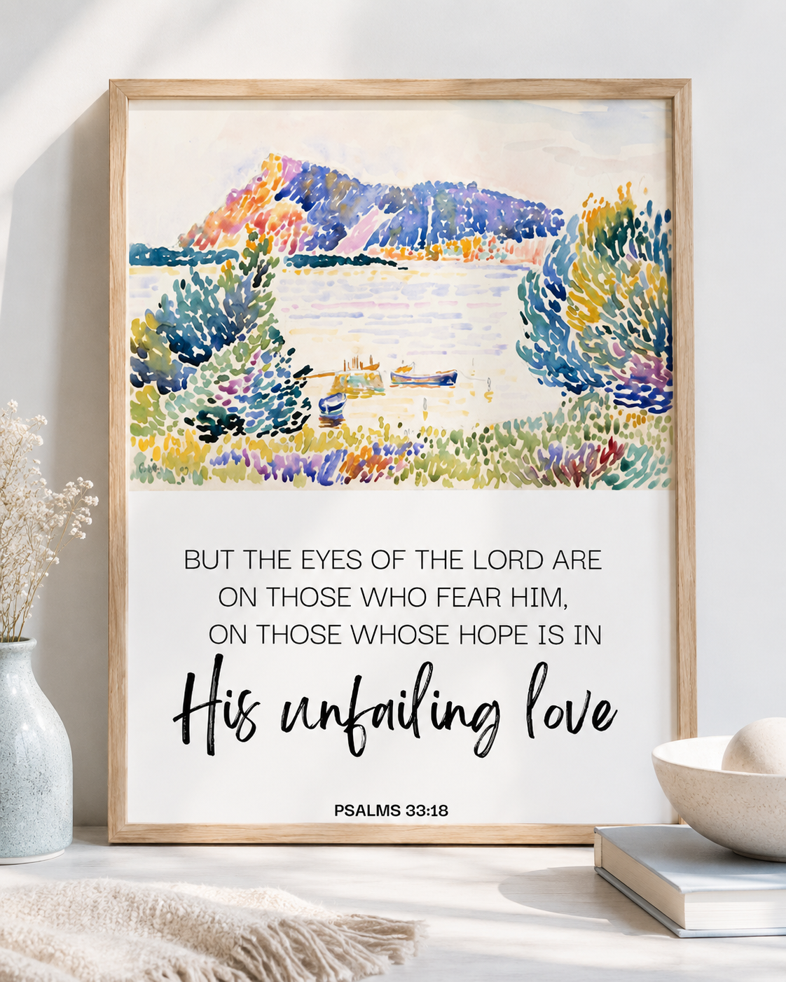 Psalm 33:18 Scripture print displayed above a console