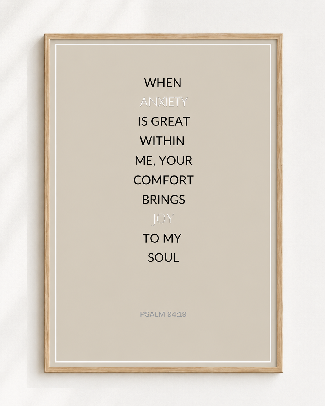Framed Psalm 94:19 Bible verse print in a soft neutral bedroom setting