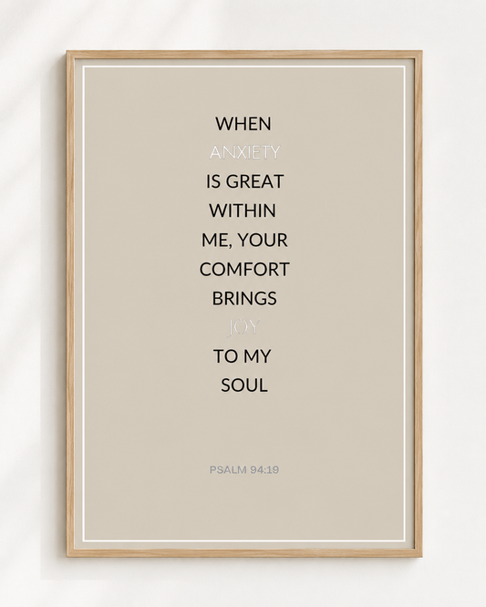 Framed Psalm 94:19 Bible verse print in a soft neutral bedroom setting