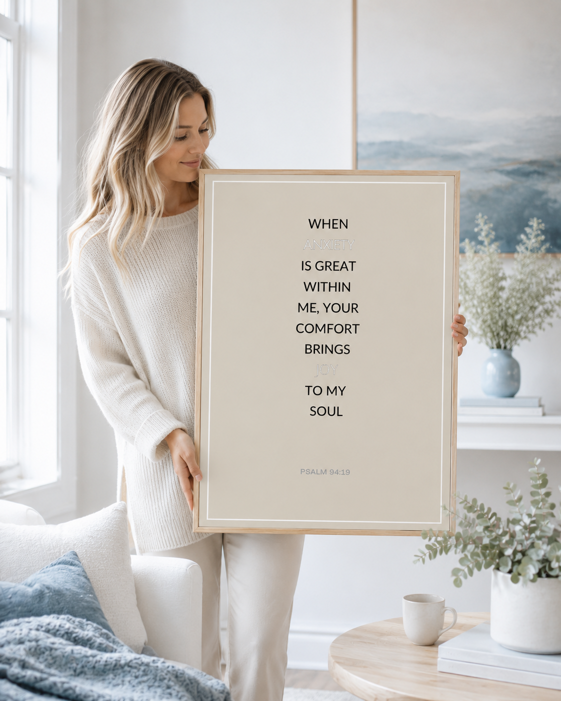 Woman holding framed Psalm 94:19 Christian wall art in a softly styled room