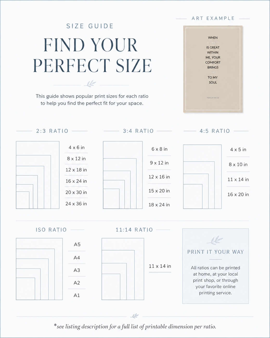Size guide showing print ratios and frame sizes for Psalm 94:19 wall art