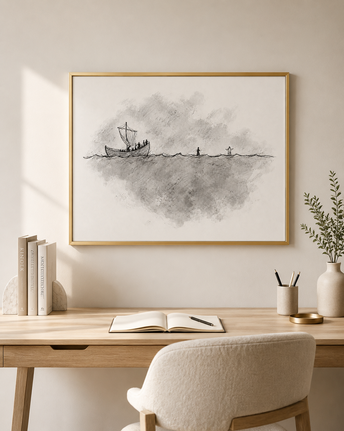 Black and white biblical sketch framed beside an armchair and side table