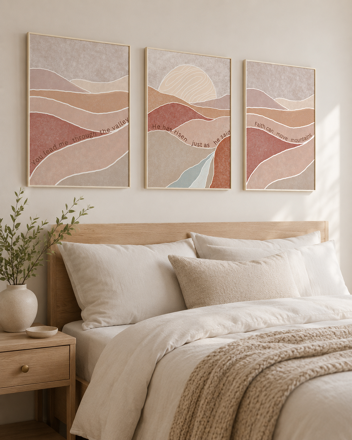 Faith Can Move Mountains wall art triptych framed above a bed