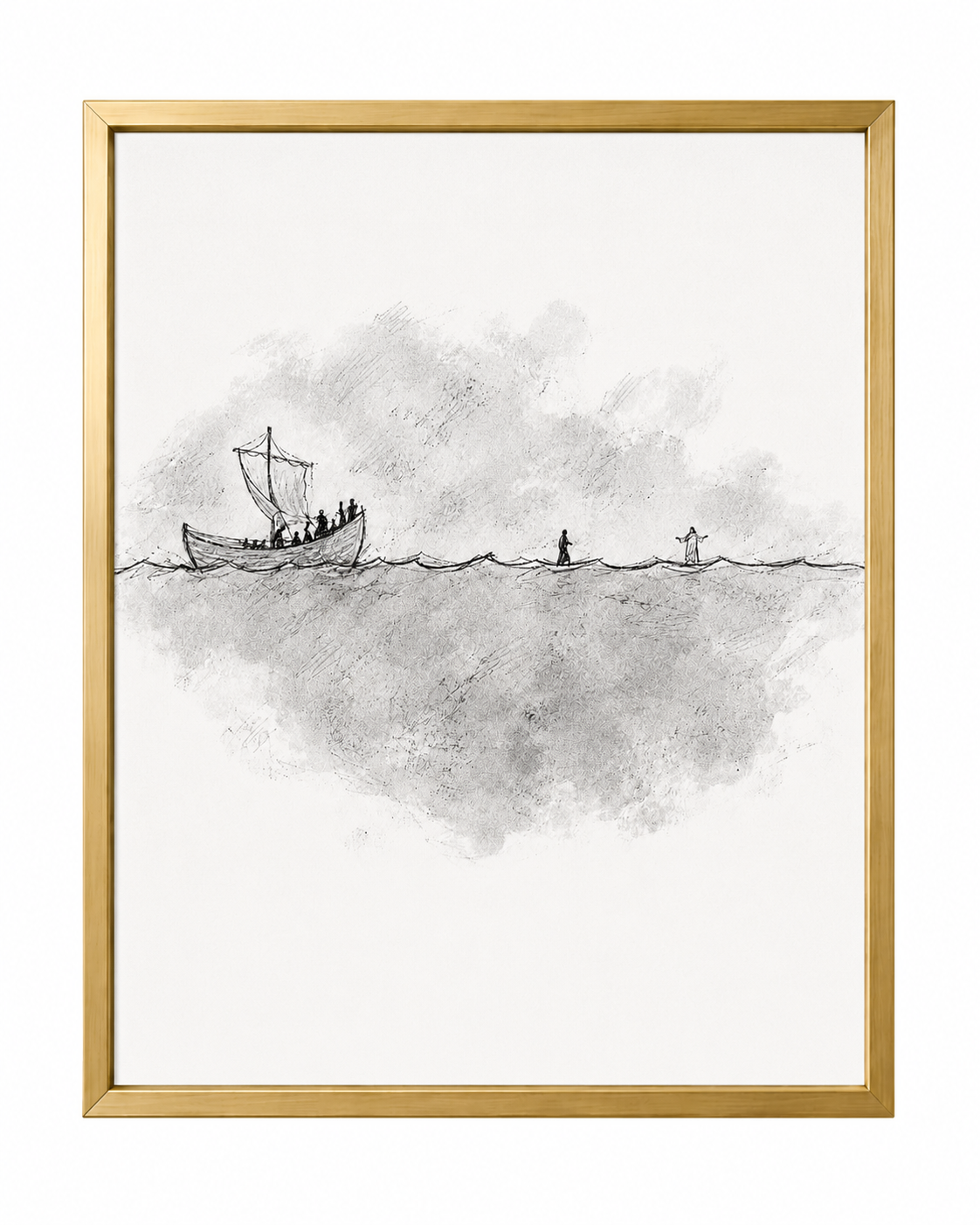 Close-up of the black and white walk on water sketch in a gold frame