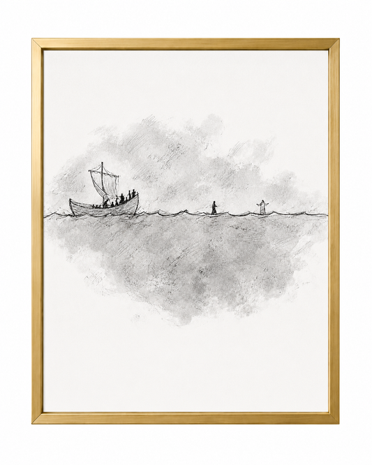 Close-up of the black and white walk on water sketch in a gold frame