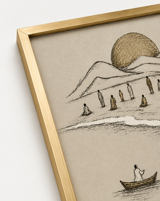 Close-up of Jesus teaching from the boat sketch in a wood frame