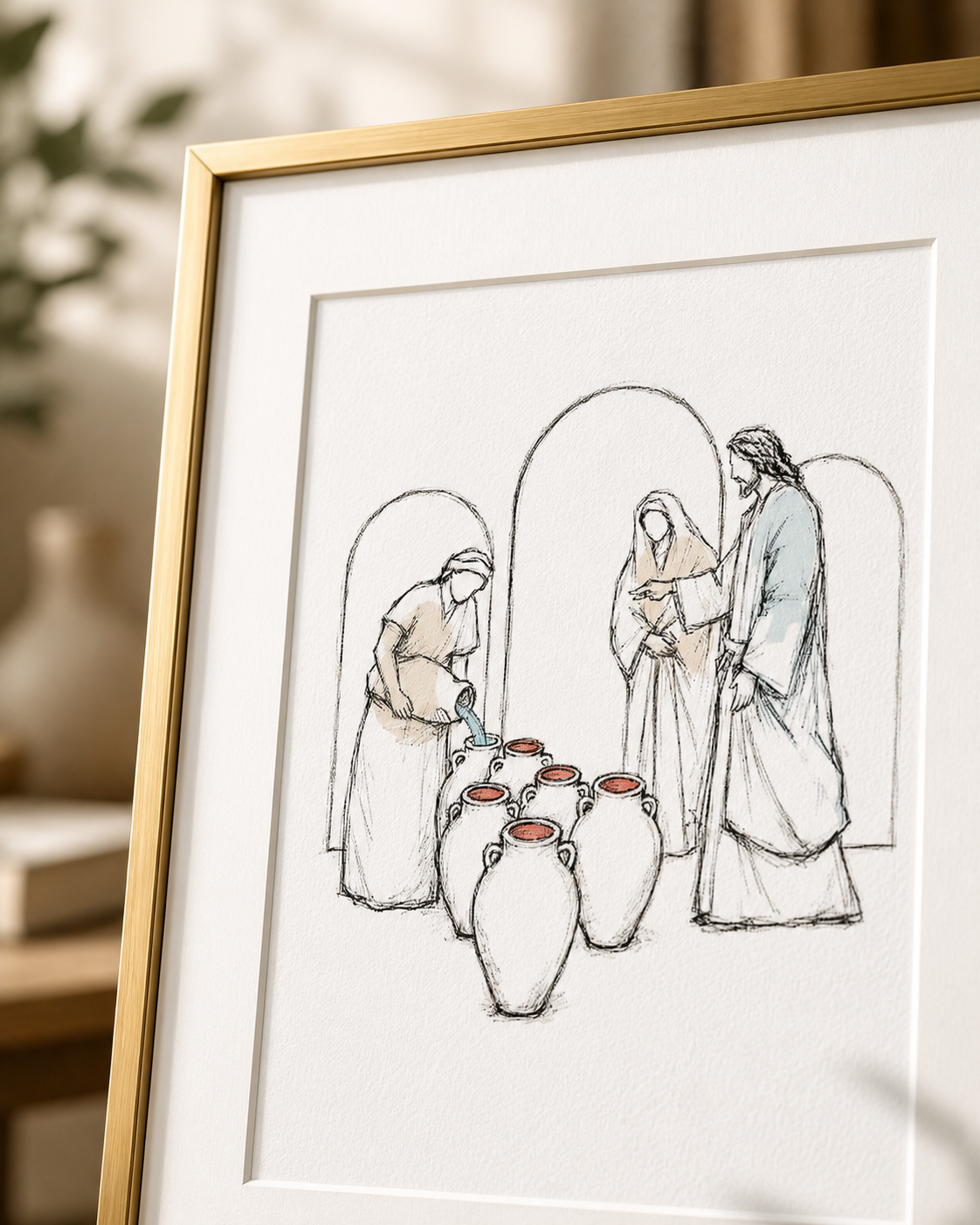 Close-up of the Jesus turns water into wine bible sketch in a gold frame