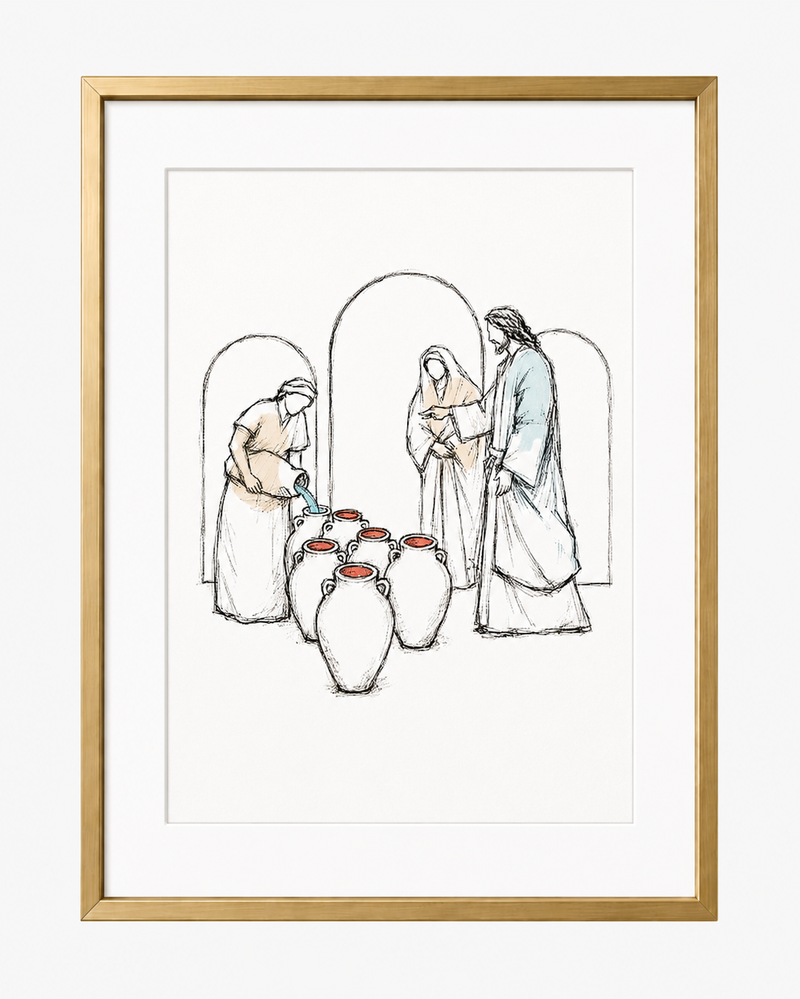 Bible sketch of Jesus turning water into wine framed on a console table