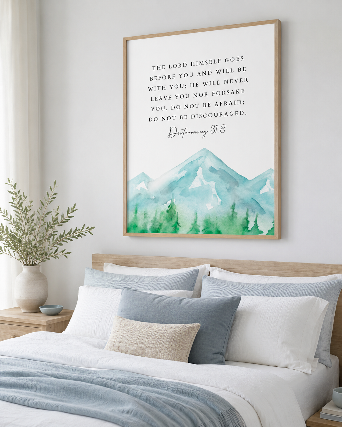 Deuteronomy 31:8 scripture print in a wood frame displayed in a bedroom