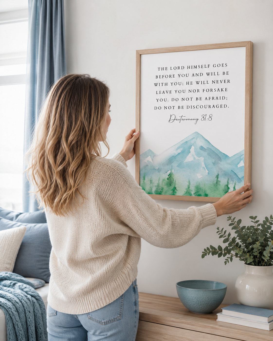 Woman hanging a framed Deuteronomy 31:8 print on a wall