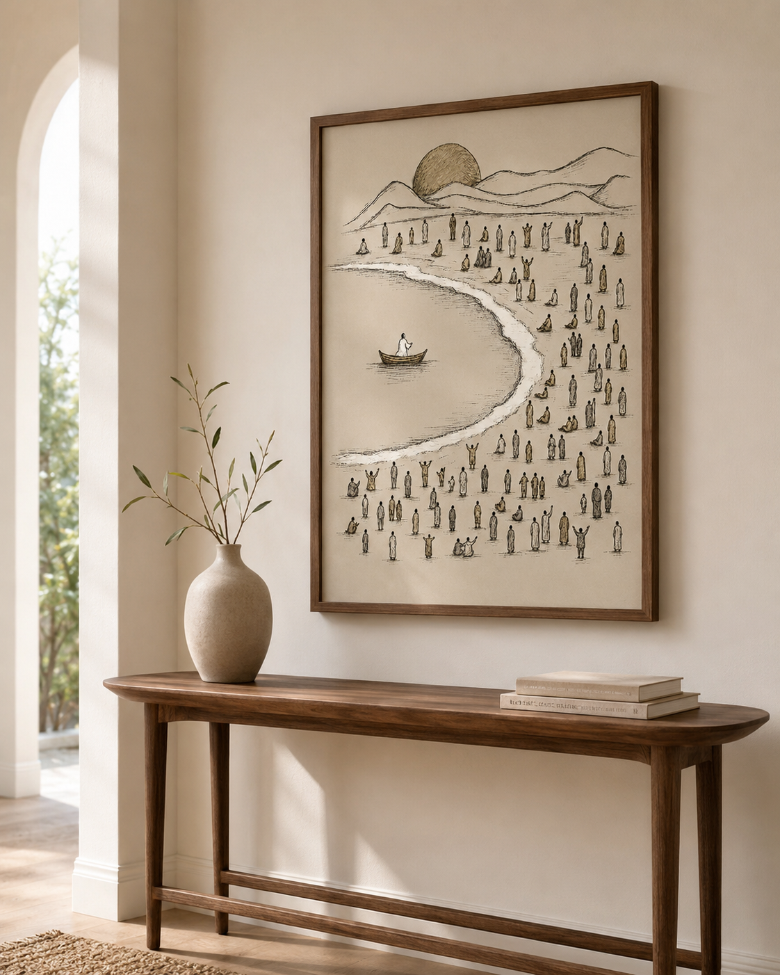 Jesus teaching from the boat framed print in an entryway with an armchair
