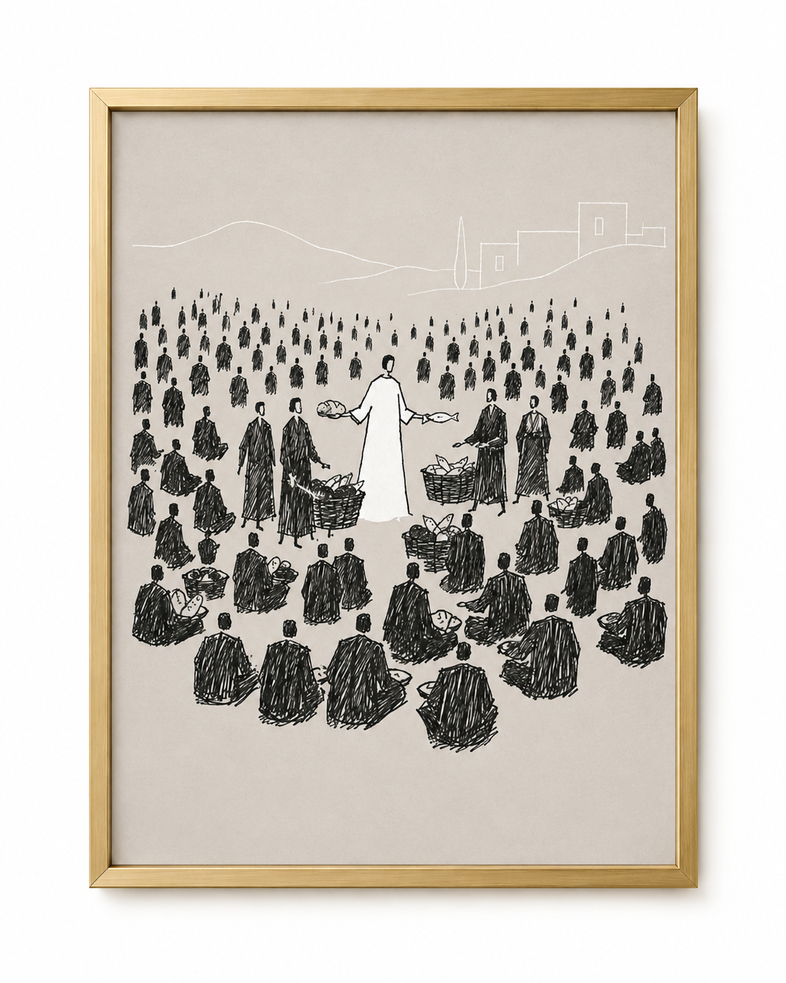 Feeding of the 5000 bible sketch - black ink illustration of a seated crowd on a hillside with loaves and fishes, Matthew 14