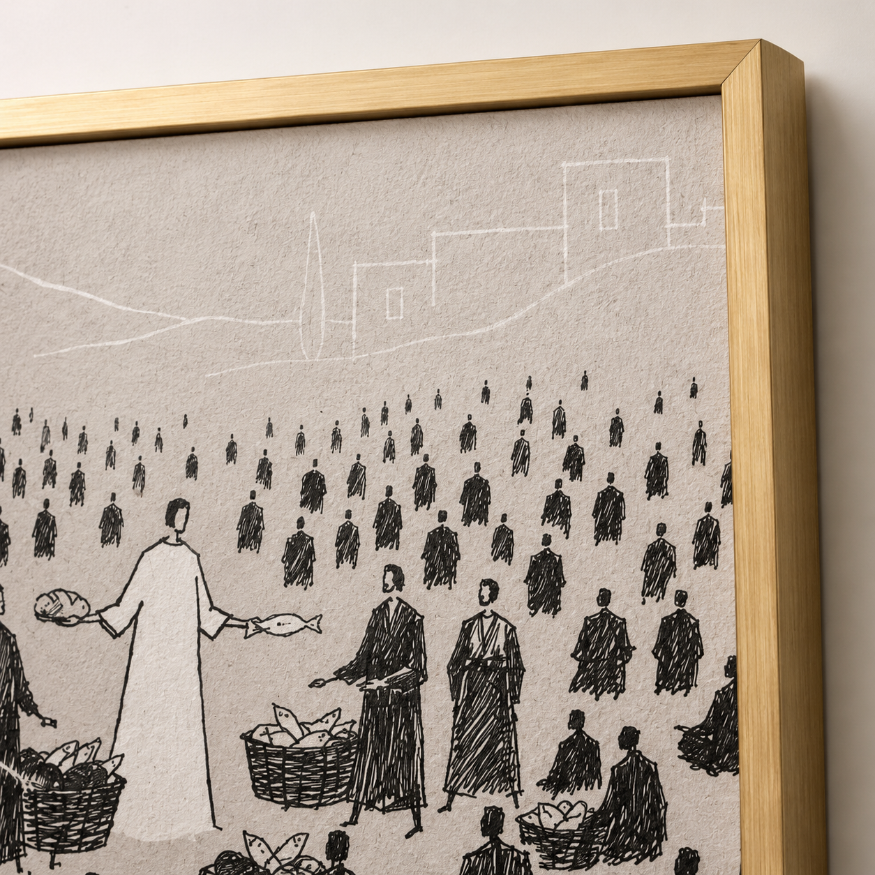Close-up of the feeding of the 5000 bible sketch showing baskets of loaves and fishes passed among the crowd
