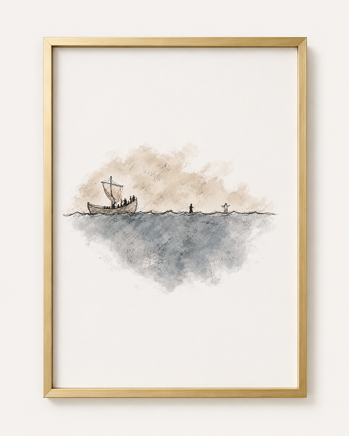 Framed Jesus and Peter walk on water sketch in a light wood frame