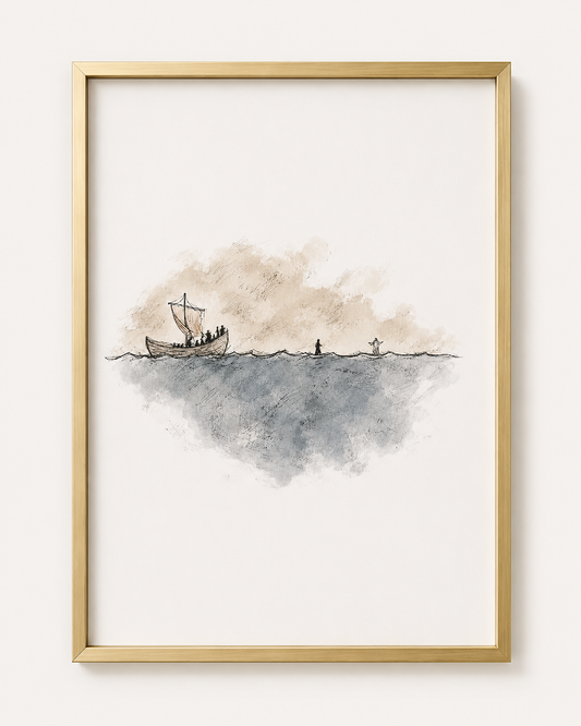 Framed Jesus and Peter walk on water sketch in a light wood frame