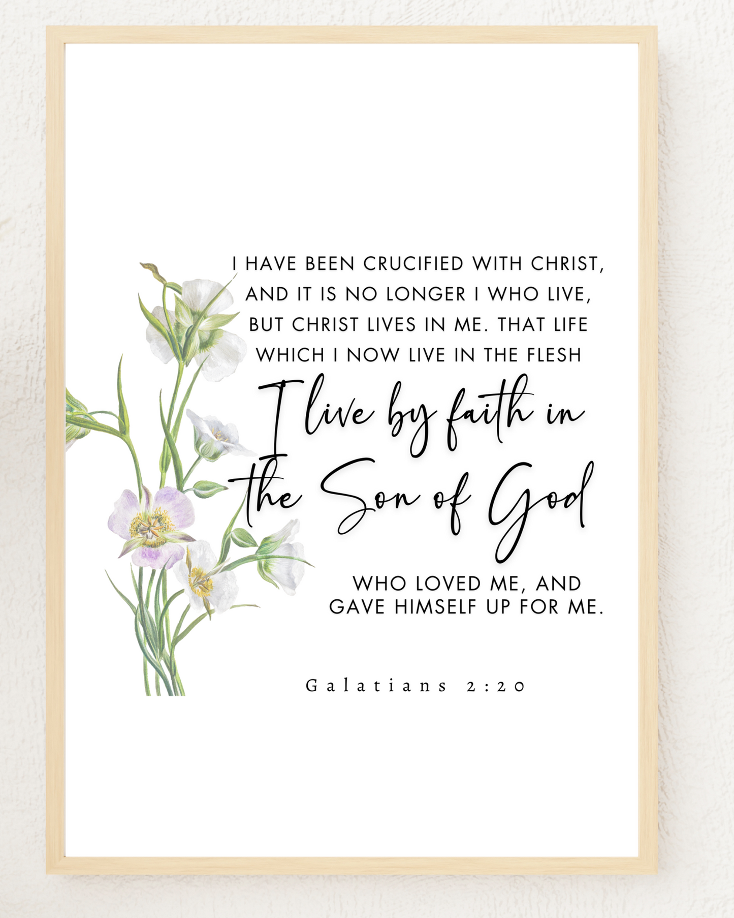 Close-up of Galatians 2:20 wall art print in a gold frame showing the botanical illustration
