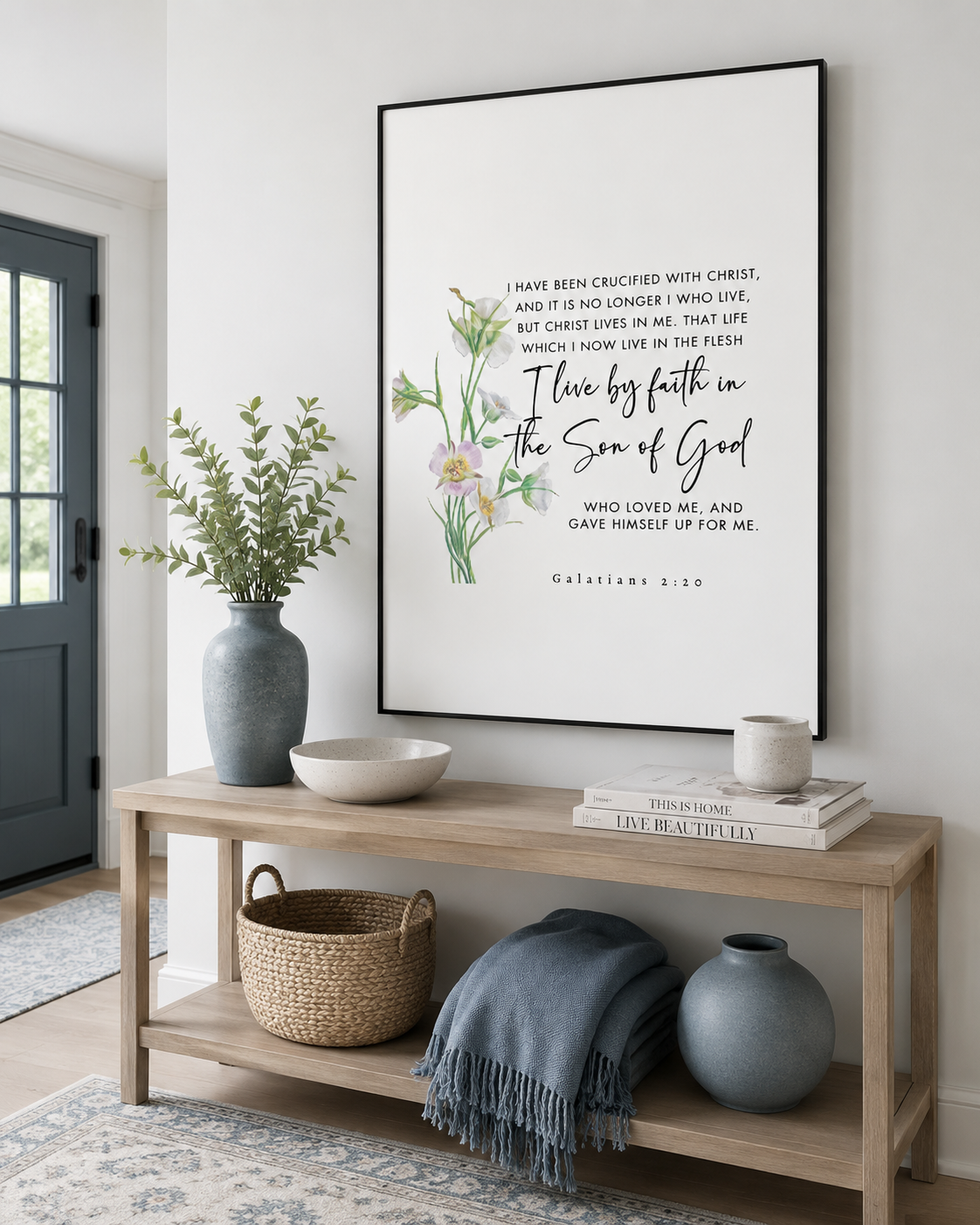 Framed Galatians 2:20 wall art print on a console table near an entryway