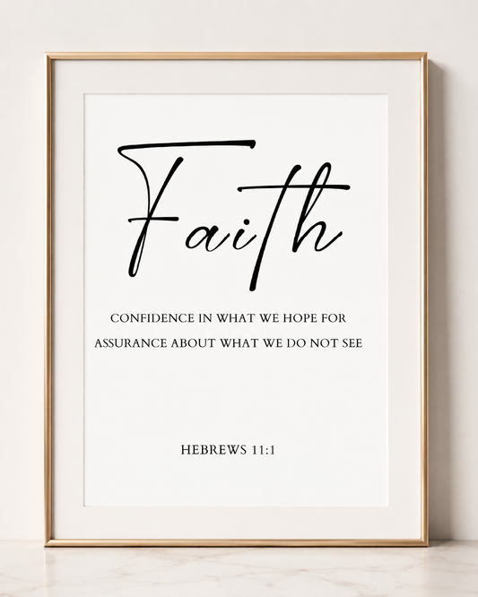 Close-up of Hebrews 11:1 wall art print in a dark frame showing the "Faith" script design