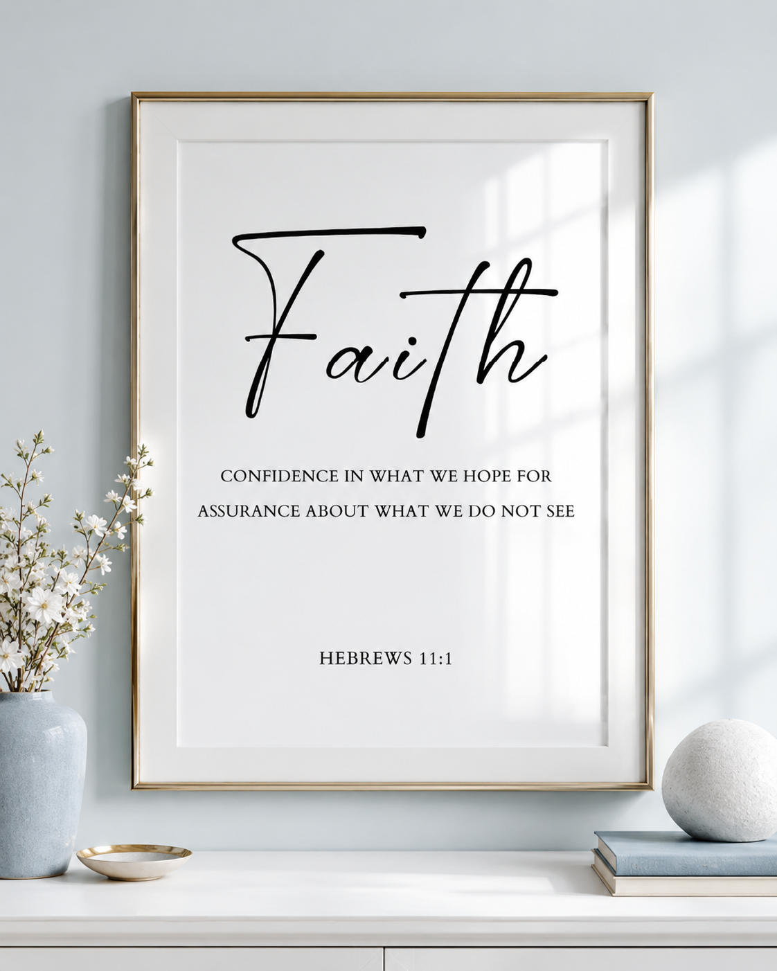 Close-up of Hebrews 11:1 wall art print showing the elegant script "Faith" typography