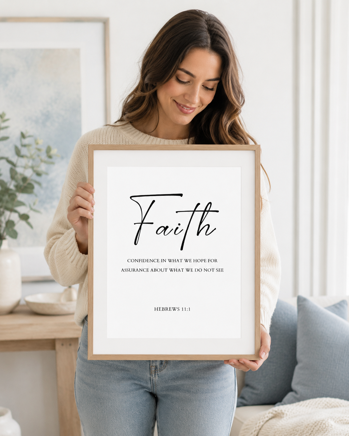 Woman holding a framed Hebrews 11:1 "Faith" print at home