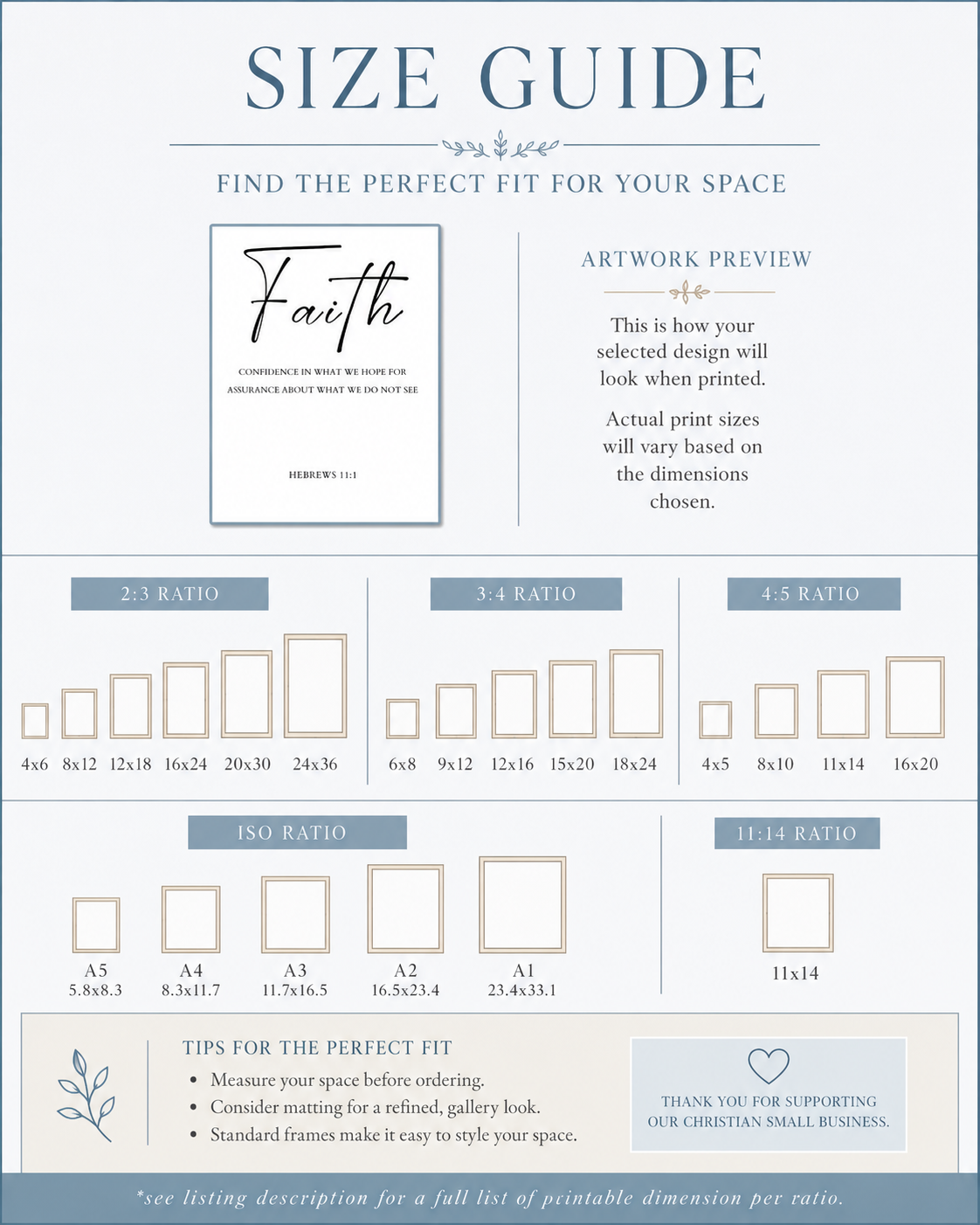 Size guide chart showing available print sizes for the Hebrews 11:1 wall art download