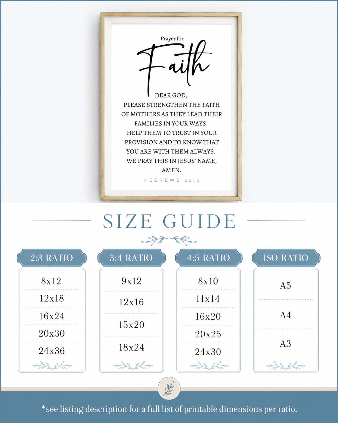 Size guide chart showing available print sizes for the Hebrews 11:6 wall art download